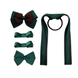 school-hair-accessories-value-pack-4-piece-hair-bow-non-slip-hair-clip-hair-tie-steamer-uniform-pinkberry-kisses-Hunter-green-brown