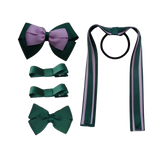 school-hair-accessories-value-pack-4-piece-hair-bow-non-slip-hair-clip-hair-tie-steamer-uniform-pinkberry-kisses-Hunter-green-light-orchid
