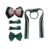 school-hair-accessories-value-pack-4-piece-hair-bow-non-slip-hair-clip-hair-tie-steamer-uniform-pinkberry-kisses-Hunter-green-light-pink