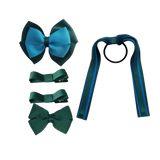 school-hair-accessories-value-pack-4-piece-hair-bow-non-slip-hair-clip-hair-tie-steamer-uniform-pinkberry-kisses-Hunter-green-methyl-blue