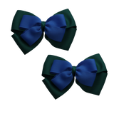 School uniform hair accessories Double Cherish Bow 11cm - Hunter Green Base & Centre Ribbon Royal Blue - Pinkberry Kisses Non Slip Hair Clip Hair Tie Pair 
