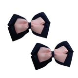 School uniform hair accessories Double Cherish Bow Non Slip Hair Clip Hair Bow Hair Tie - Navy Blue Base & Centre Ribbon 9cm Navy Blue Light Pink  - Pinkberry Kisses Pair