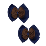School uniform hair accessories Double Bella Bow 10cm - Navy Blue Base & Centre Ribbon Brown Hair Bow Pair - Pinkberry Kisses Non Slip Hair Clip