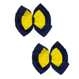 School uniform hair accessories Double Bella Bow 10cm - Navy Blue Base & Centre Ribbon Daffodil yellow Hair Bow Pair - Pinkberry Kisses Non Slip Hair Clip