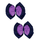 School uniform hair accessories Double Bella Bow 10cm - Navy Blue Base & Centre Ribbon Grape Purple Hair Bow Pair - Pinkberry Kisses Non Slip Hair Clip
