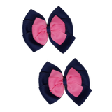 School uniform hair accessories Double Bella Bow 10cm - Navy Blue Base & Centre Ribbon Hot Pink Hair Bow Pair - Pinkberry Kisses Non Slip Hair Clip