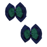 School uniform hair accessories Double Bella Bow 10cm - Navy Blue Base & Centre Ribbon Hunter Green Hair Bow Pair - Pinkberry Kisses Non Slip Hair Clip