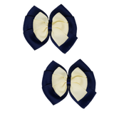 School uniform hair accessories Double Bella Bow 10cm - Navy Blue Base & Centre Ribbon Cream Ivory Hair Bow Pair - Pinkberry Kisses Non Slip Hair Clip