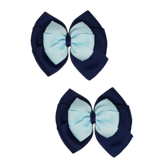 School uniform hair accessories Double Bella Bow 10cm - Navy Blue Base & Centre Ribbon Light Blue Hair Bow Pair - Pinkberry Kisses Non Slip Hair Clip