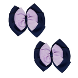 School uniform hair accessories Double Bella Bow 10cm - Navy Blue Base & Centre Ribbon Light Orchid Hair Bow Pair - Pinkberry Kisses Non Slip Hair Clip