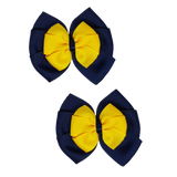 School uniform hair accessories Double Bella Bow 10cm - Navy Blue Base & Centre Ribbon Maize Yellow Hair Bow Pair - Pinkberry Kisses Non Slip Hair Clip