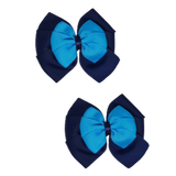 School uniform hair accessories Double Bella Bow 10cm - Navy Blue Base & Centre Ribbon Methyl Blue Hair Bow Pair - Pinkberry Kisses Non Slip Hair Clip