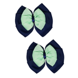 School uniform hair accessories Double Bella Bow 10cm - Navy Blue Base & Centre Ribbon Mint Green Hair Bow Pair - Pinkberry Kisses Non Slip Hair Clip