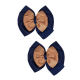 School uniform hair accessories Double Bella Bow 10cm - Navy Blue Base & Centre Ribbon Natural Hair Bow Pair - Pinkberry Kisses Non Slip Hair Clip