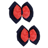 School uniform hair accessories Double Bella Bow 10cm - Navy Blue Base & Centre Ribbon Neon Orange Hair Bow Pair - Pinkberry Kisses Non Slip Hair Clip