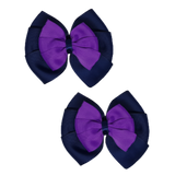 School uniform hair accessories Double Bella Bow 10cm - Navy Blue Base & Centre Ribbon Purple Hair Bow Pair - Pinkberry Kisses Non Slip Hair Clip