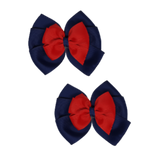 School uniform hair accessories Double Bella Bow 10cm - Navy Blue Base & Centre Ribbon Red Hair Bow Pair - Pinkberry Kisses Non Slip Hair Clip