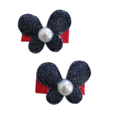 Baby and Toddler non slip hair clips - Denim Butterfly on red Pair