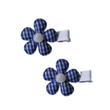 Embellished Non Slip Hair Clip - Blue Checked Flower Baby Toddler Hair Accessories Pinkberry Kisses Pair of Hair Clips
