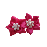 Embellished Non Slip Hair Clip Hair accessories for baby toddler girls - Satin beaded flower duo Bright Pink