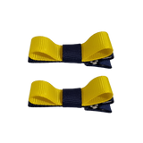 School Hair Accessories Deluxe Hair Clips Girls Hair Bow (Set of 2) Navy Blue Base & Centre Ribbon Non Slip Clip Bow Pinkberry Kisses Navy Blue Daffodil Yellow