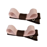 School Hair Accessories Deluxe Hair Clips Girls Hair Bow (Set of 2) Brown Base & Centre Ribbon Non Slip Clip Bow Pinkberry Kisses Brown Light Pink