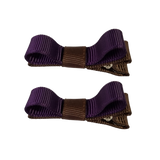 School Hair Accessories Deluxe Hair Clips Girls Hair Bow (Set of 2) Brown Base & Centre Ribbon Non Slip Clip Bow Pinkberry Kisses Brown Plum Purple