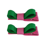 School Hair Accessories Deluxe Hair Clips Girls Hair Bow (Set of 2) Hot Pink Base & Centre Ribbon Non Slip Clip Bow Pinkberry Kisses Hot Pink  Emerald Green