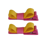 School School Hair Accessories Deluxe Hair Clips Girls Hair Bow (Set of 2) Hot Pink Base & Centre Ribbon Non Slip Clip Bow Pinkberry Kisses Hot Pink  Maize Yellow