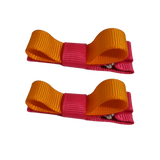 School Hair Accessories Deluxe Hair Clips Girls Hair Bow (Set of 2) Shocking Pink Base & Centre Ribbon Non Slip Clip Bow Pinkberry Kisses Shocking Pink Tangerine Orange
