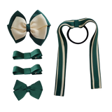 School Hair Accessories Value Pack 4 Piece School Uniform Hair Bow Non Slip Hair Clip Hair Tie Pinkberry Kisses Hunter Green Cream