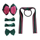School Hair Accessories Value Pack 4 Piece School Uniform Hair Bow Non Slip Hair Clip Hair Tie Pinkberry Kisses Hunter Green Hot Pink