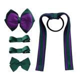 School Hair Accessories Value Pack 4 Piece School Uniform Hair Bow Non Slip Hair Clip Hair Tie Pinkberry Kisses Hunter Green Purple