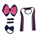 School Hair Accessories Value Pack 4 Piece School Uniform Hair Bow Non Slip Hair Clip Hair Tie Pinkberry Kisses Navy Blue Hot Pink