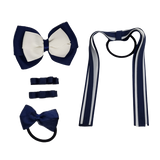 School Hair Accessories Value Pack 4 Piece School Uniform Hair Bow Non Slip Hair Clip Hair Tie Pinkberry Kisses Navy Blue White