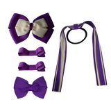 School Hair Accessories Value Pack 4 Piece School Uniform Hair Bow Non Slip Hair Clip Hair Tie Pinkberry Kisses Purple Ivory Cream