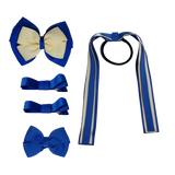 School Hair Accessories Value Pack 4 Piece School Uniform Hair Bow Non Slip Hair Clip Hair Tie Pinkberry Kisses Royal Blue Cream Ivory