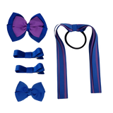 School Hair Accessories Value Pack 4 Piece School Uniform Hair Bow Non Slip Hair Clip Hair Tie Pinkberry Kisses Royal Blue Grape