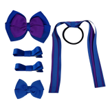 School Hair Accessories Value Pack 4 Piece School Uniform Hair Bow Non Slip Hair Clip Hair Tie Pinkberry Kisses Royal Blue Purple
