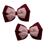 School uniform hair accessories Double Cherish Bow Non Slip Hair Clip Hair Bow Hair Tie - Burgundy Base & Centre Ribbon 11cm Burgundy Light Pink Pair - Pinkberry Kisses