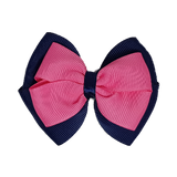 School uniform hair accessories Double Cherish Hair Bow 9cm - Navy Blue Base & Centre Ribbon Shocking Pink - Pinkberry Kisses