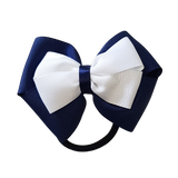School uniform hair accessories Double Cherish Hair Bow 11cm - Navy Blue Base & Centre Ribbon White - Pinkberry Kisses Hair Tie