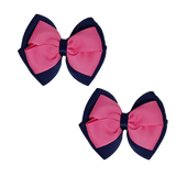 School uniform hair accessories Double Cherish Bow Non Slip Hair Clip Hair Bow Hair Tie - Navy Blue Base & Centre Ribbon 11cm Navy Blue Hot Pink - Pinkberry Kisses