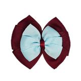 School uniform hair accessories Double Bella Hair Bow 10cm - Burgundy Base & Centre Ribbon Light Blue - Pinkberry Kisses