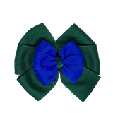 School uniform hair accessories Double Bella Bow 10cm - Dark Green Base & Centre Ribbon Electric Blue - Pinkberry Kisses