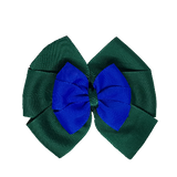School uniform hair accessories Double Bella Bow 10cm - Dark Green Base & Centre Ribbon Electric Blue - Pinkberry Kisses Non Slip Hair Clip