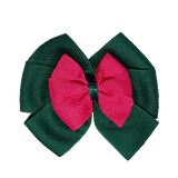 School uniform hair accessories Double Bella Bow 10cm - Dark Green Base & Centre Ribbon Hot Pink - Pinkberry Kisses Non Slip Hair Clip