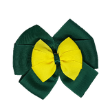 School uniform hair accessories Double Bella Bow 10cm - Dark Green Base & Centre Ribbon Lemon Yellow - Pinkberry Kisses Non Slip Hair Clip
