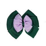 School uniform hair accessories Double Bella Hair Bow 10cm - Dark Green Base & Centre Ribbon Light Purple - Pinkberry Kisses Non Slip Hair Clip