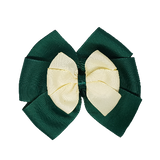 School uniform hair accessories Double Bella Bow 10cm - Dark Green Base & Centre Ribbon Ivory - Pinkberry Kisses Non Slip Hair Clip